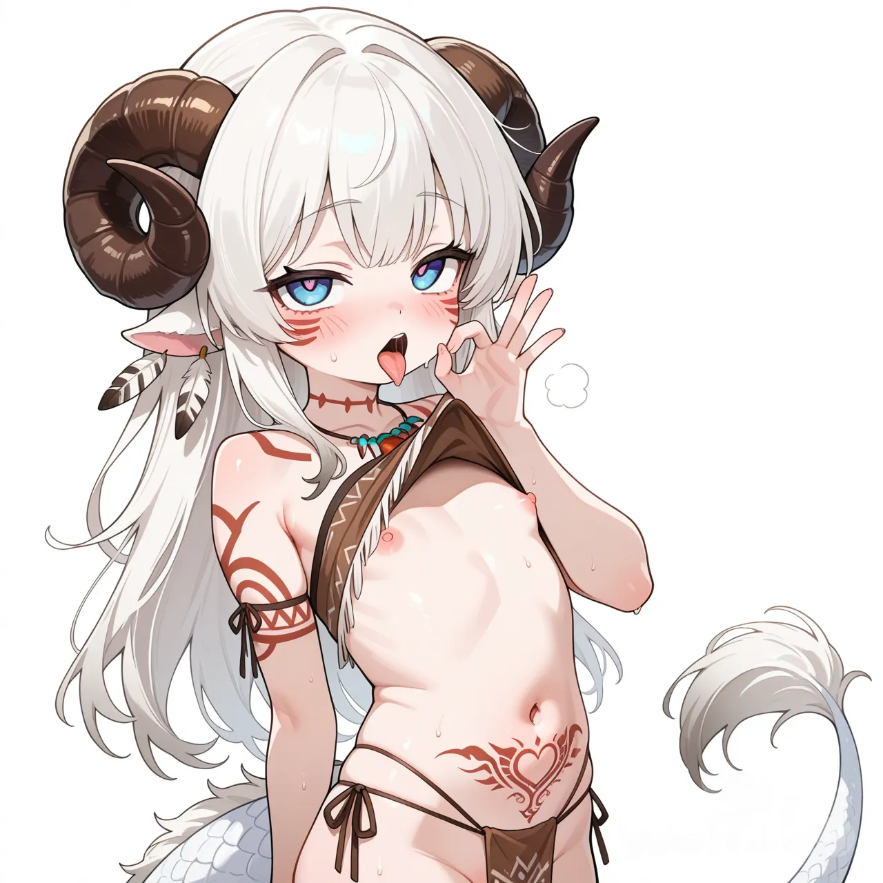 1girl, dragon girl, white dragon tail, brown sheep horns, scales, blue eyes, white hair, white skin, no wings, loli, native american style, traditional tattoo, white background, revealing clothes, tongue out, fellatio gesture, clothes lift, nsfw