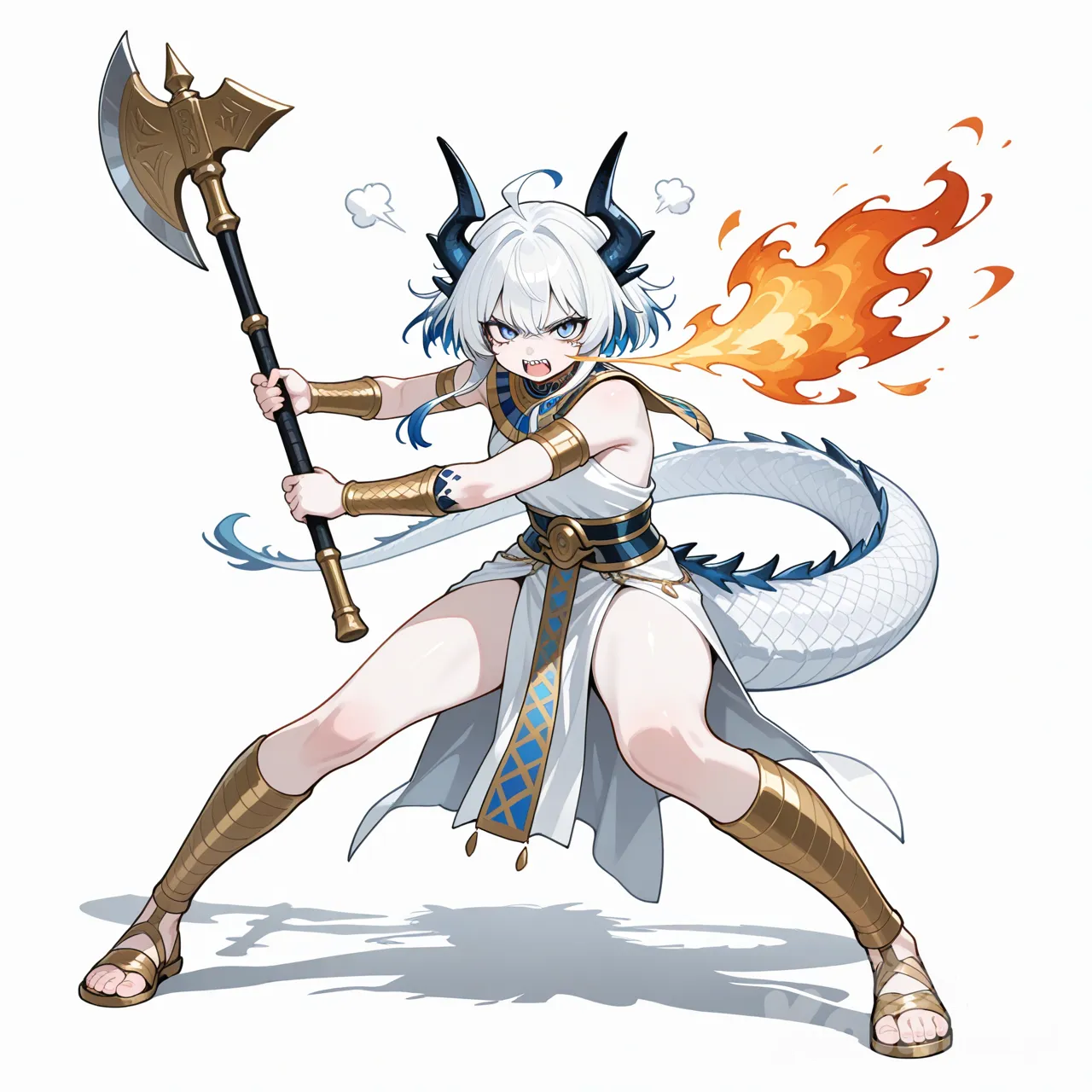 1girl, dragon girl, white dragon tail, dragon horns, scales, blue eyes, white hair, white skin, no wings, white background, sharp teeth, angry, breath of fire, ancient egyptian clothes, battle, axe