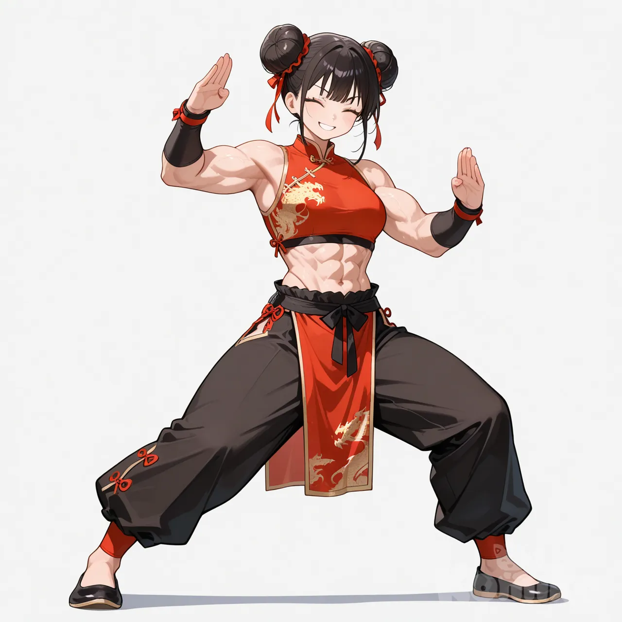 1girl, double bun, chinese clothes, closed eyes, smile, fighting stance, abs, white background, full body, kung fu