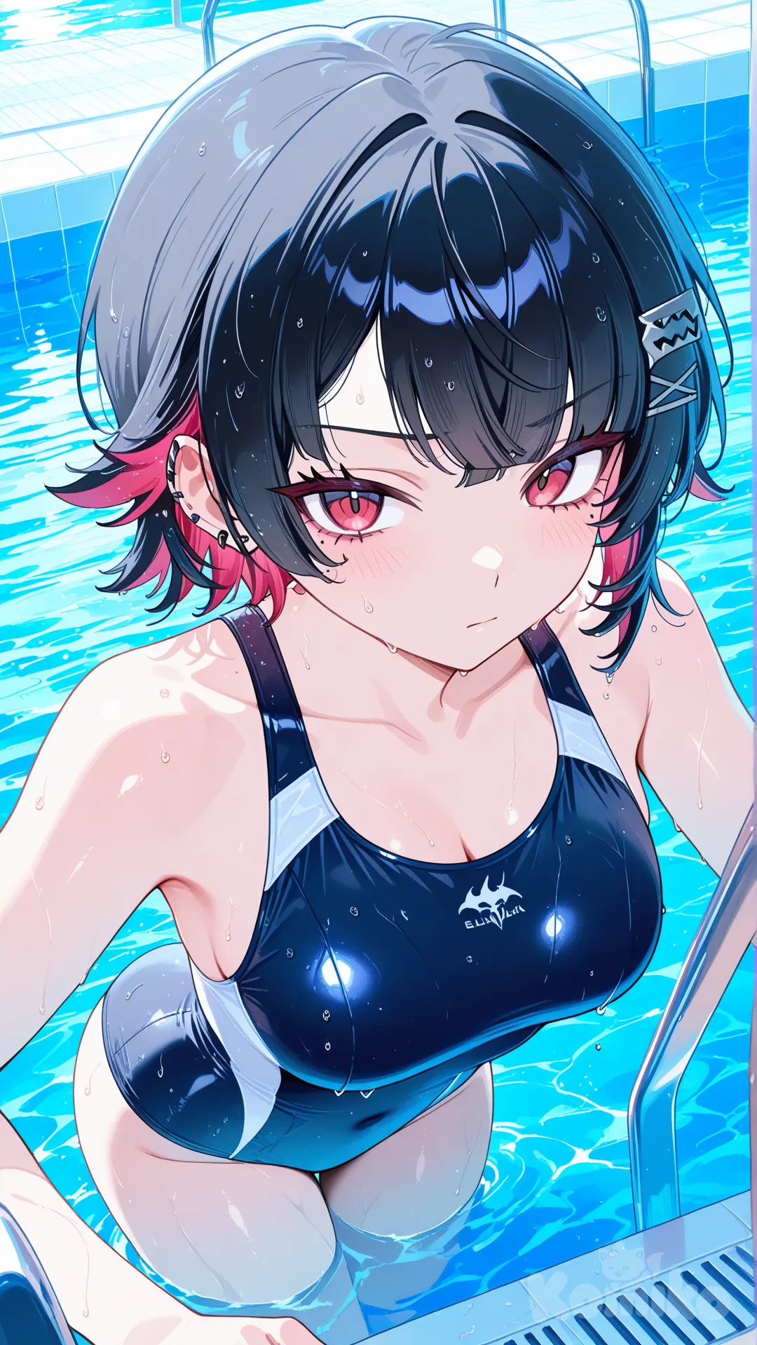 ellen joe, swimsuit, sweat, serious, swimming
