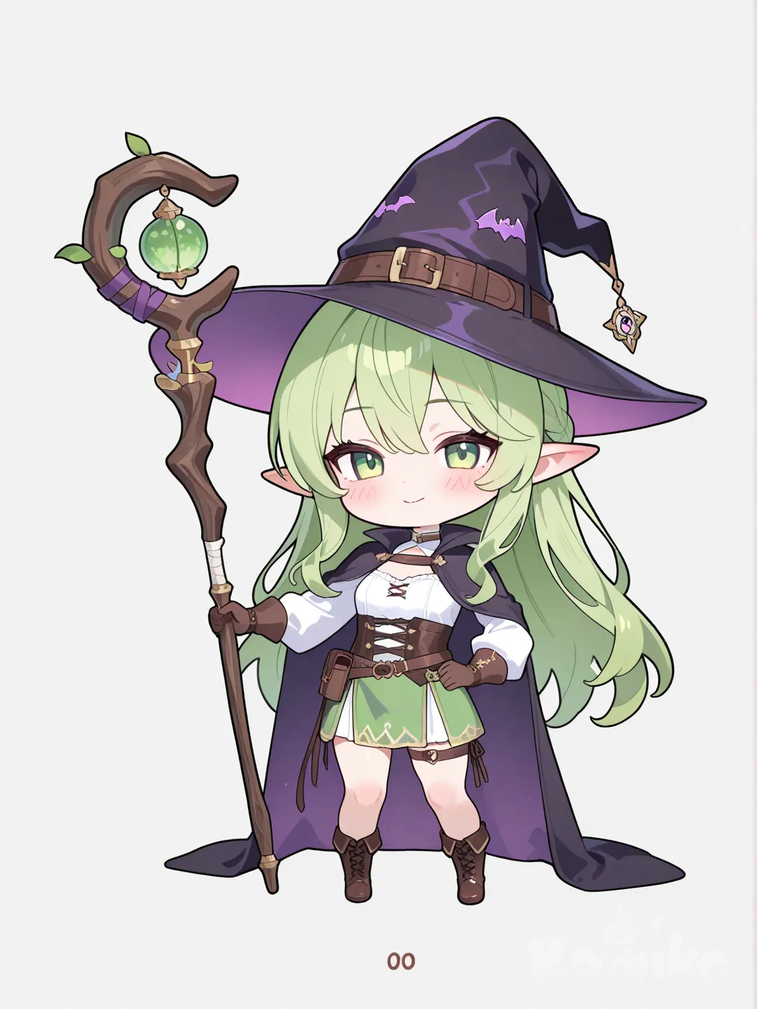 chibi, elf, 1girl, witch hat, holding staff, white background, full body