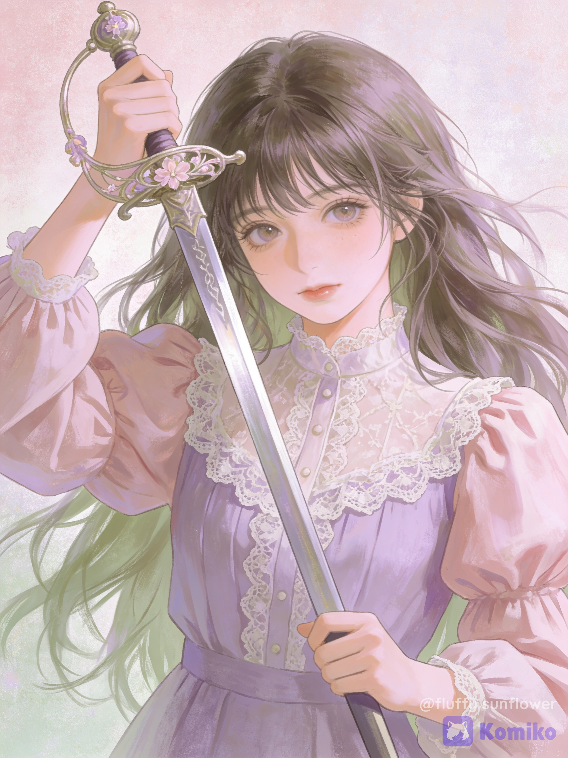 [soft-pastel-style], victorian blouse, holding sword, 1girl