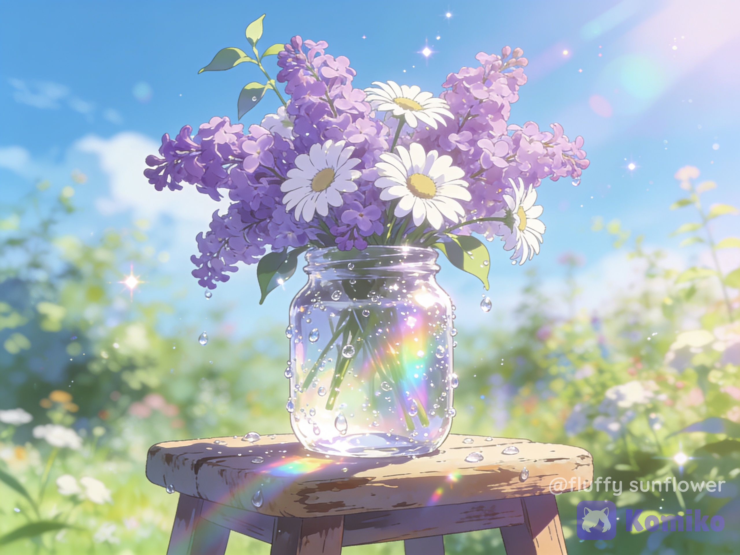 Anime style, a transparent crystal glass jar filled with fresh purple lilacs and white daisies, sitting on a weathered wooden stool in a sunny garden. Water droplets on the jar, beautiful rainbow light refractions and prisms glowing through the glass, soft dreamy garden background with blue sky, highly anime art, 8k.