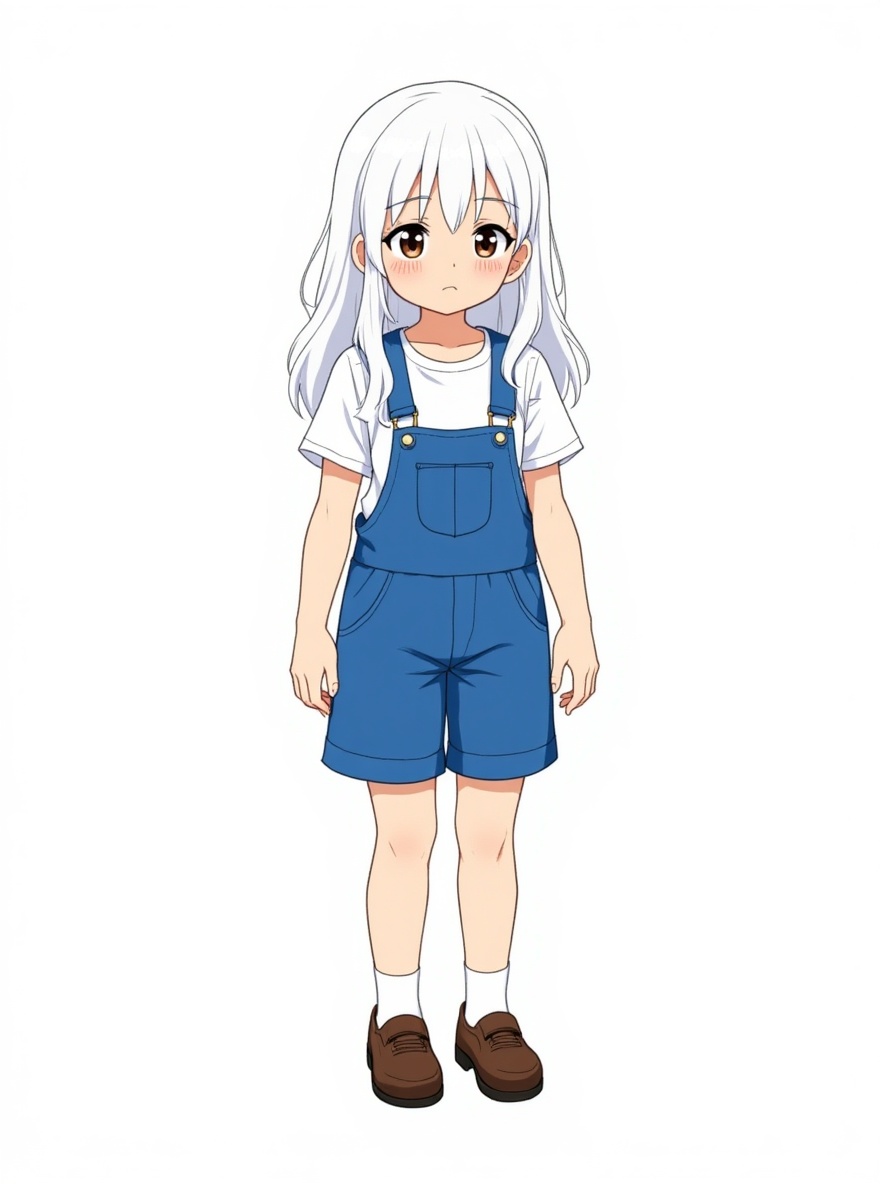 1girl, child, petite, white hair, long hair, brown eyes, fair skin, t-shirt, overalls, One Piece style, original character in the world of One Piece, single character, full body, looking at viewer, anime style, simple background, white background