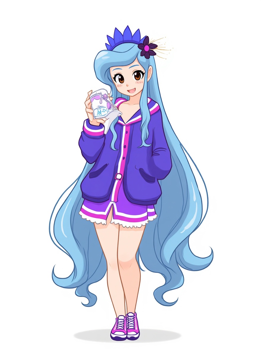 1girl, brown eyes, pale skin, One Piece style, original character in the world of One Piece, teenager, petite, beanie, tracksuit, mature, curvy, blue hair, long hair, fair skin, single character, full body, looking at viewer, anime style, simple background, white background