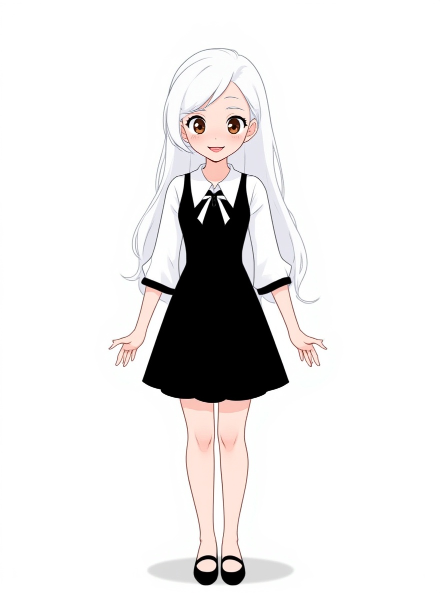1girl, teenager, petite, white hair, brown eyes, fair skin, dimple, pale skin, little black dress, One Piece style, original character in the world of One Piece, single character, full body, looking at viewer, anime style, simple background, white background