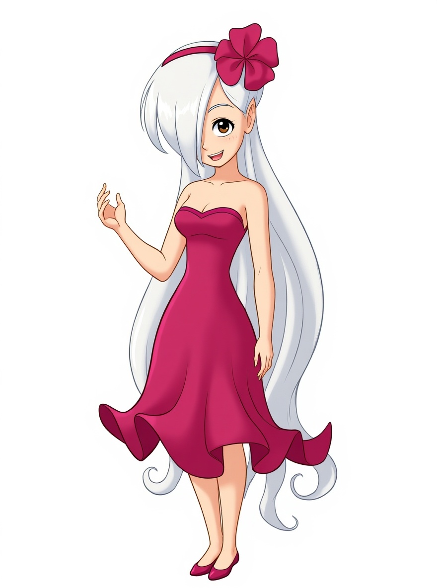 1girl, One Piece style, original character in the world of One Piece, child, teenager, petite, white hair, long hair, brown eyes, pale skin, fair skin, evening dress, single character, full body, looking at viewer, anime style, simple background, white background