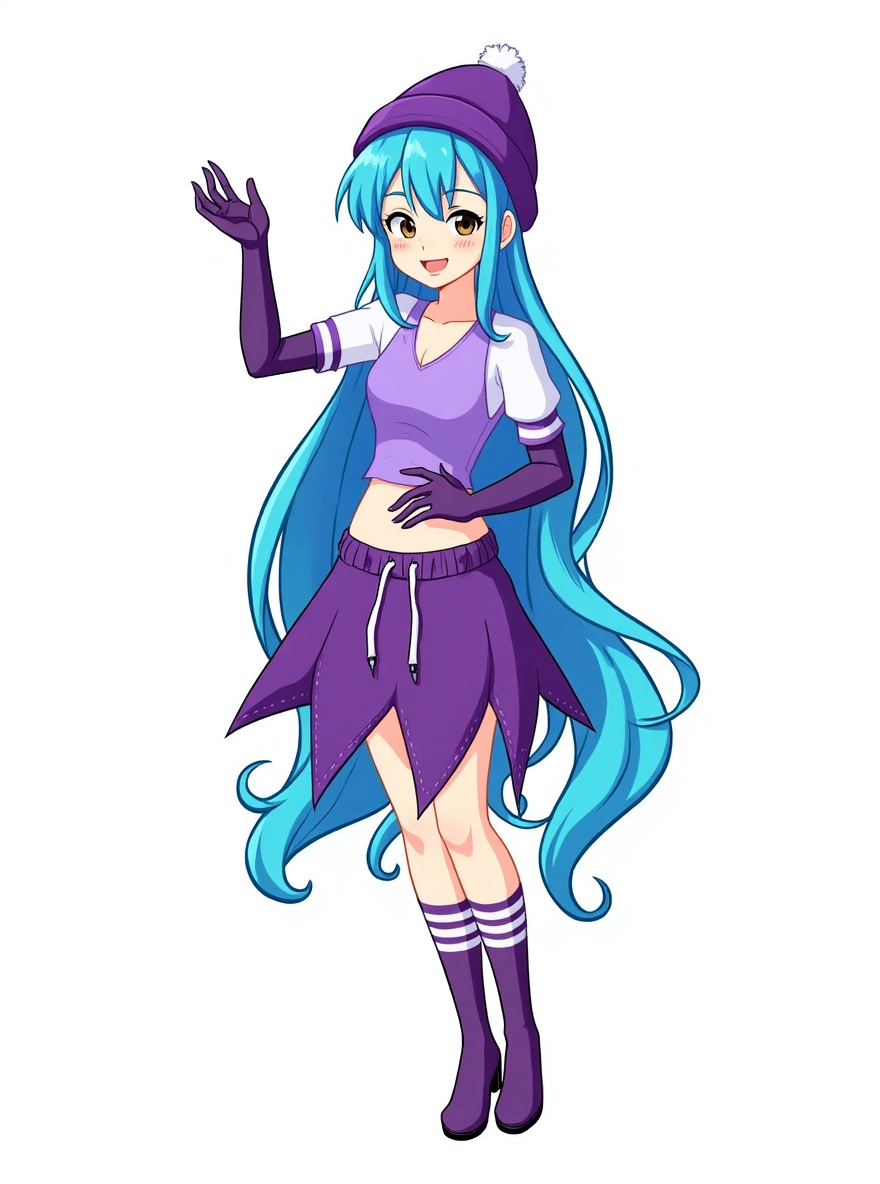 1girl, brown eyes, pale skin, One Piece style, original character in the world of One Piece, teenager, petite, beanie, tracksuit, mature, curvy, blue hair, long hair, fair skin, single character, full body, looking at viewer, anime style, simple background, white background