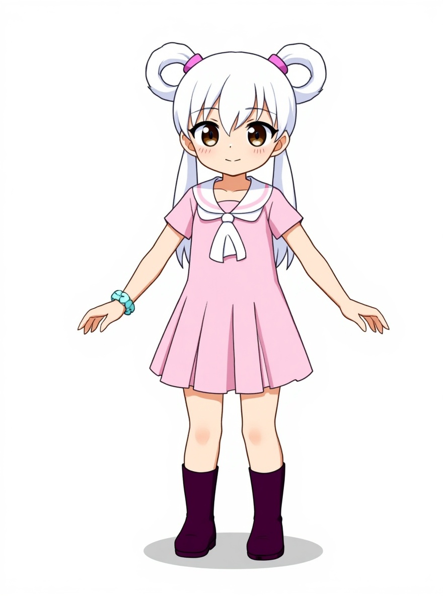 1girl, child, One Piece style, original character in the world of One Piece, petite, white hair, pigtails, brown eyes, pale skin, single character, full body, looking at viewer, anime style, simple background, white background