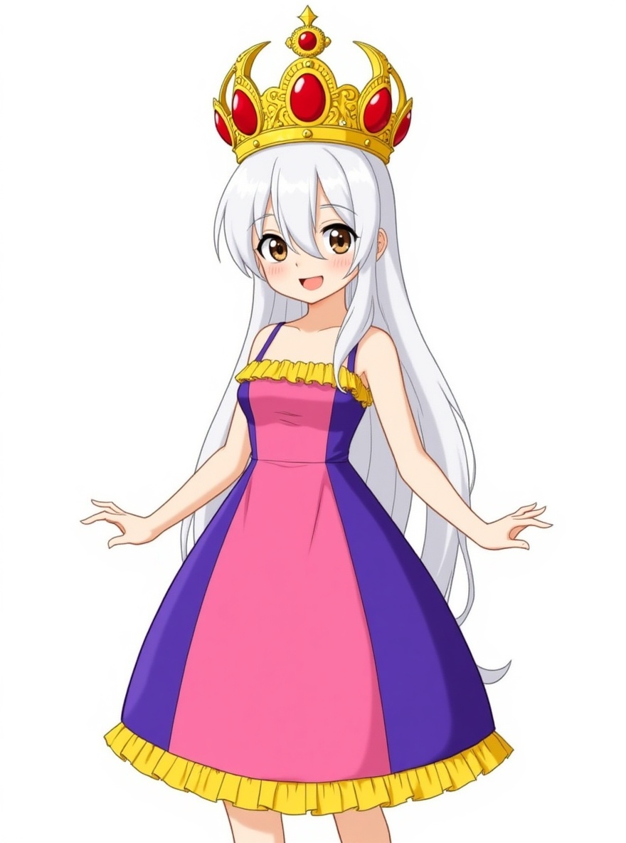 1girl, golden crown with central red gems, tricolor dress (red, pink, and purple) with yellow edges, One Piece style, original character in the world of One Piece, teenager, petite, white hair, long hair, bangs covering the right side of her face, brown eyes, fair skin, single character, full body, looking at viewer, anime style, simple background, white background