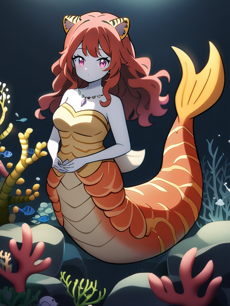 1girl, mature, petite, red hair, wavy hair, pink eyes, pale skin, mermaid, tail like a seahorse, tail colored like a tiger with brown and yellow bands, sea gardens of coral, tending to reefs, interacting with small animals, single character, full body, looking at viewer, anime style, simple background, white background