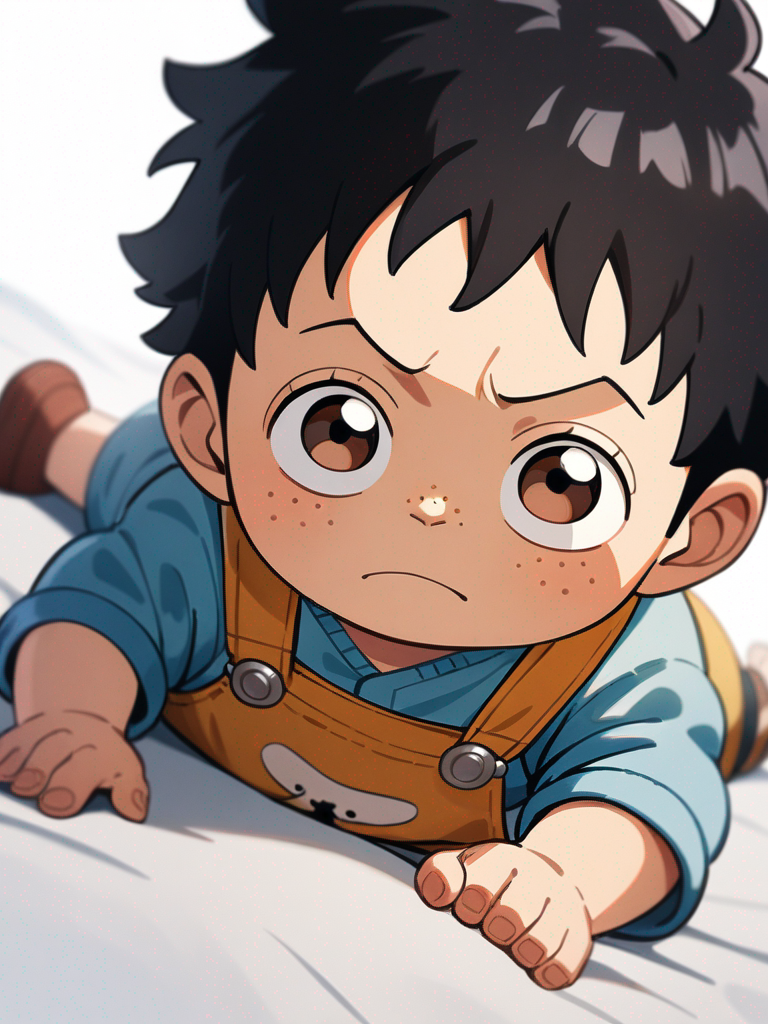 1boy, one piece style, baby, black hair, brown eyes, freckles, fair skin, overalls, single character, full body, looking at viewer, anime style, simple background, white background