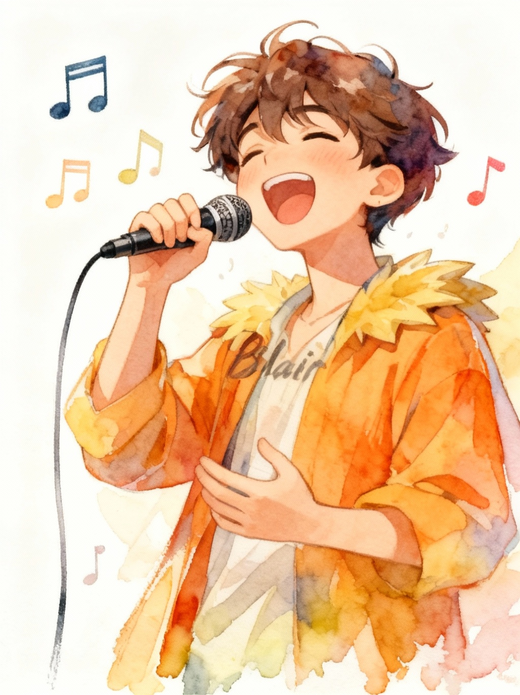 @Torchic, [watercolor-illustration-style], singing, human form