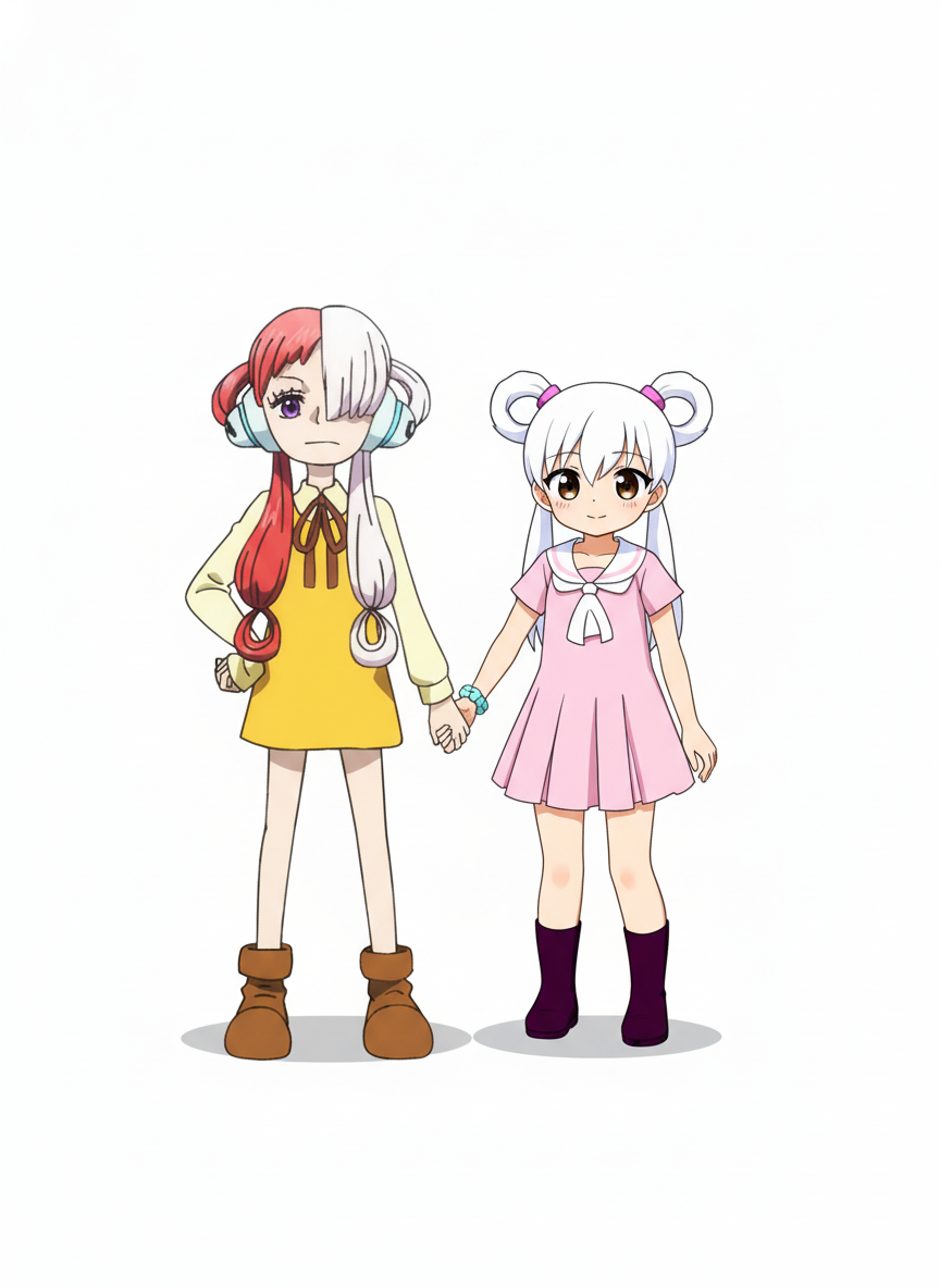 2girls, playing together, single character, full body, looking at viewer, anime style, simple background, white background