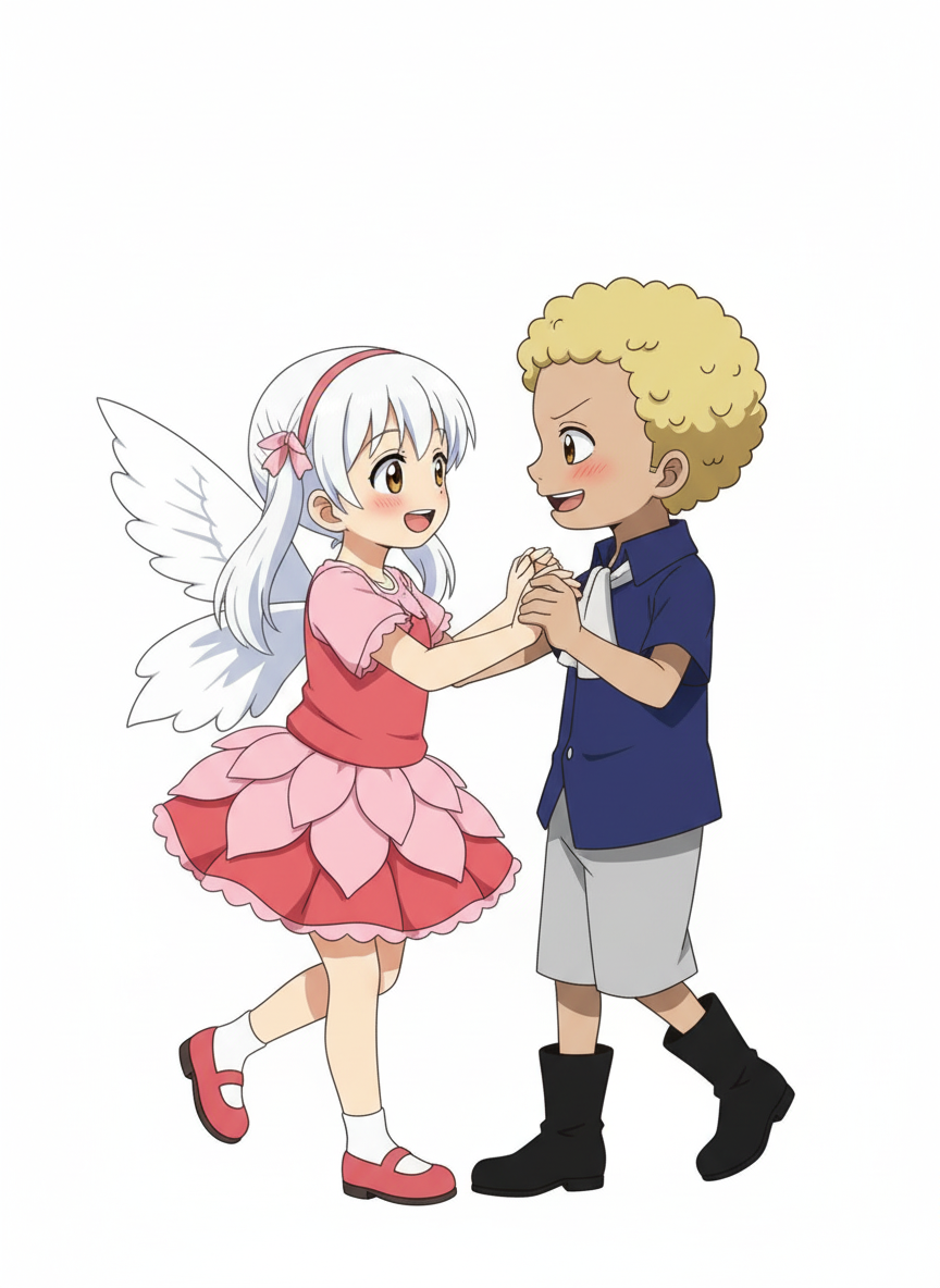 1boy, 1girl, dancing, couple, looking at each other, blush, full body, anime style, simple background, white background
