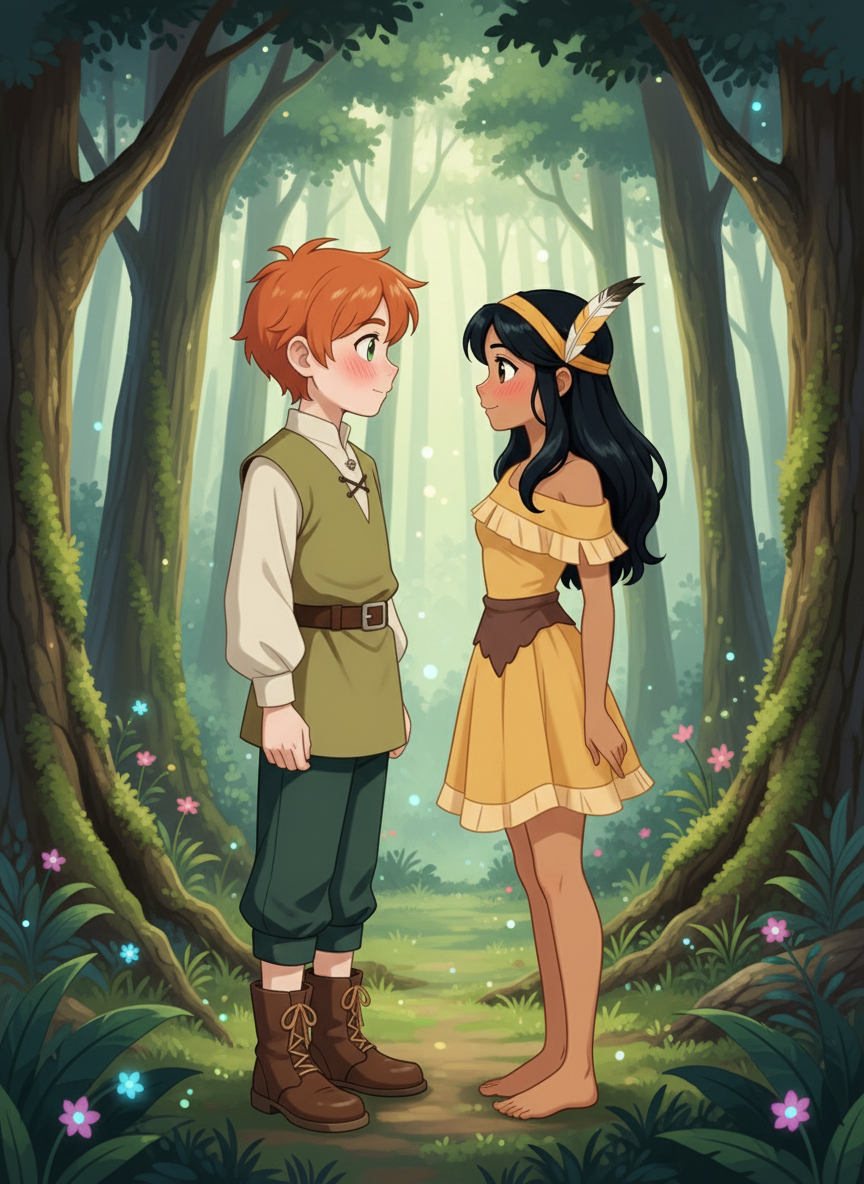 1boy, 1girl, disney style, looking at each other, blush, sparkling eyes, forest background, full body