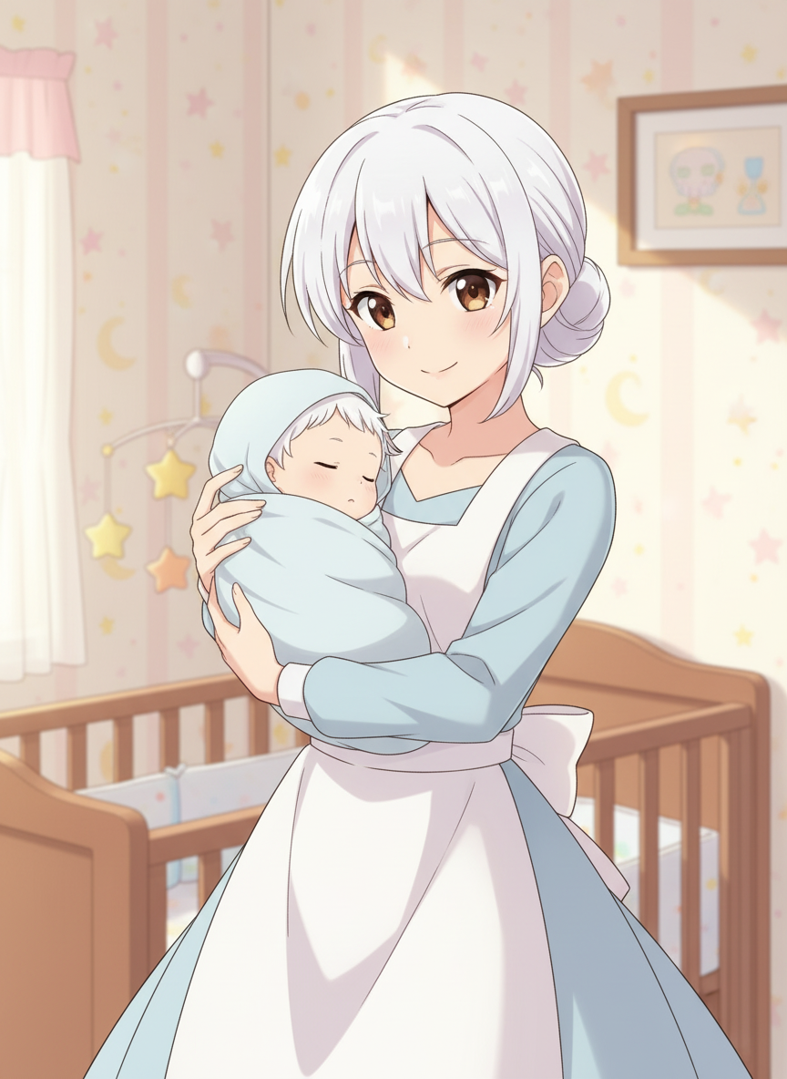 1girl, 1baby, mother holding sleeping baby, white hair, short hair, hair bun, baby room background, looking at baby, full body, anime style, single character, full body, looking at viewer, anime style, simple background, white background