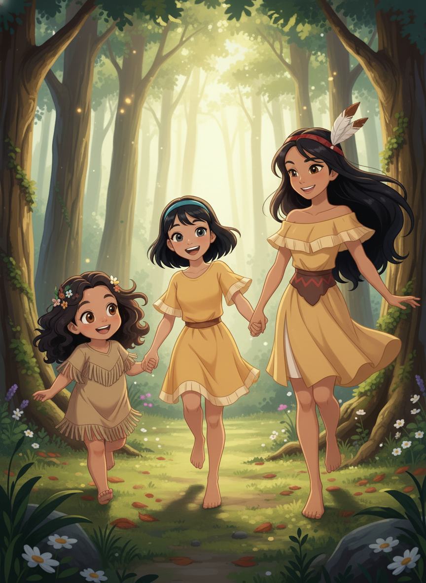4girls, sisters, playing together, forest background, disney style, full body, looking at viewer
