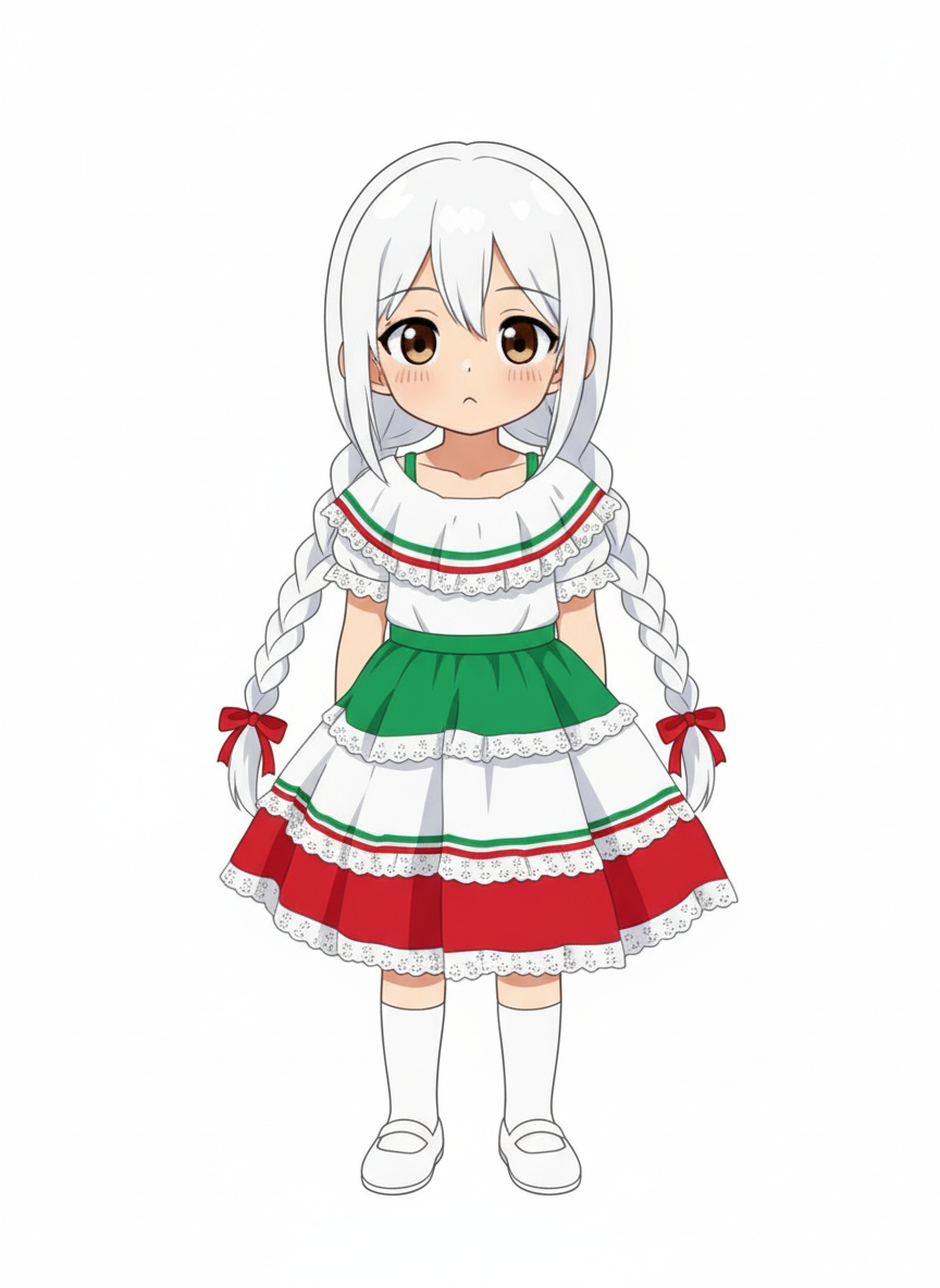 1girl, white shoes, white hair, long hair, pigtails, braids, single character, full body, looking at viewer, anime style, simple background, white background