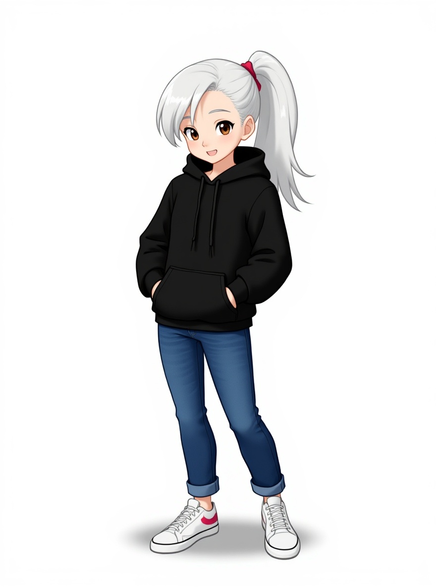1girl, one piece style, teenager, white hair, ponytail, brown eyes, human, tennis shoes, both arms down, jeans, black hoodie, single character, full body, looking at viewer, simple background, white background