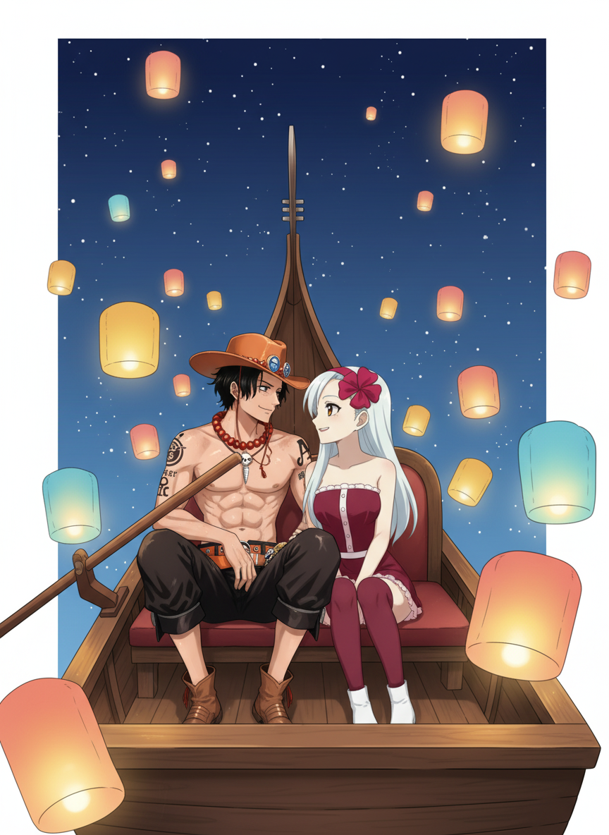 1boy, 1girl, couple, looking at each other, sitting, gondola, night sky, floating lanterns, romantic date, full body, looking at viewer, anime style, simple background, white background