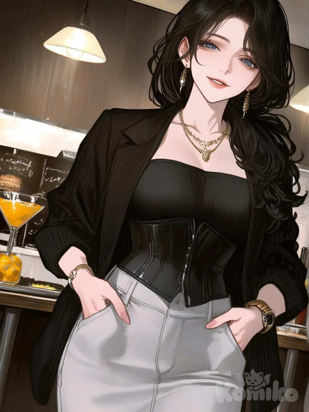 1girl, hands in pockets, smile, black corset, pencil skirt, earrings, necklace, black hair, blue eyes, curvy, short, mature, freckles, loose hair, mechanical watch, bracelet, headshot, ambient light, restaurant, [semi-realistic-portrait-style]