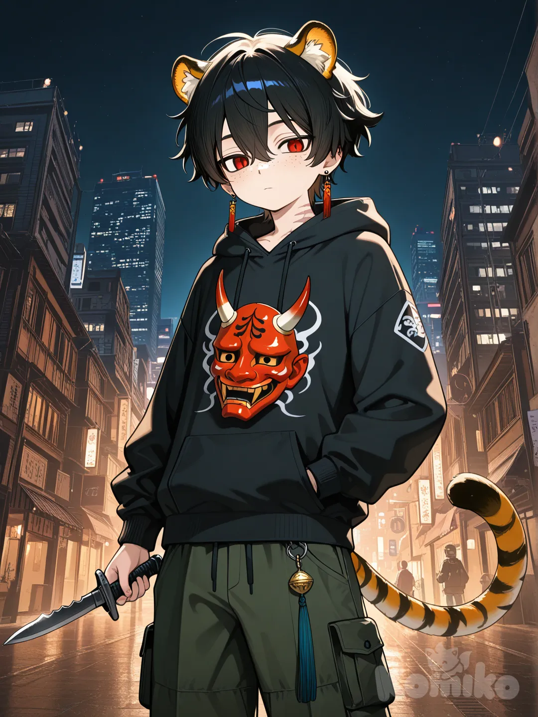 1boy, child, petite, slim, black hair, red eyes, freckles, scar, fair skin, earrings, hannya mask, tiger tail, tiger ears, holding dagger, expressionless, hoodie black, cargo pants black, headshot, night, ambient light, skyscraper
