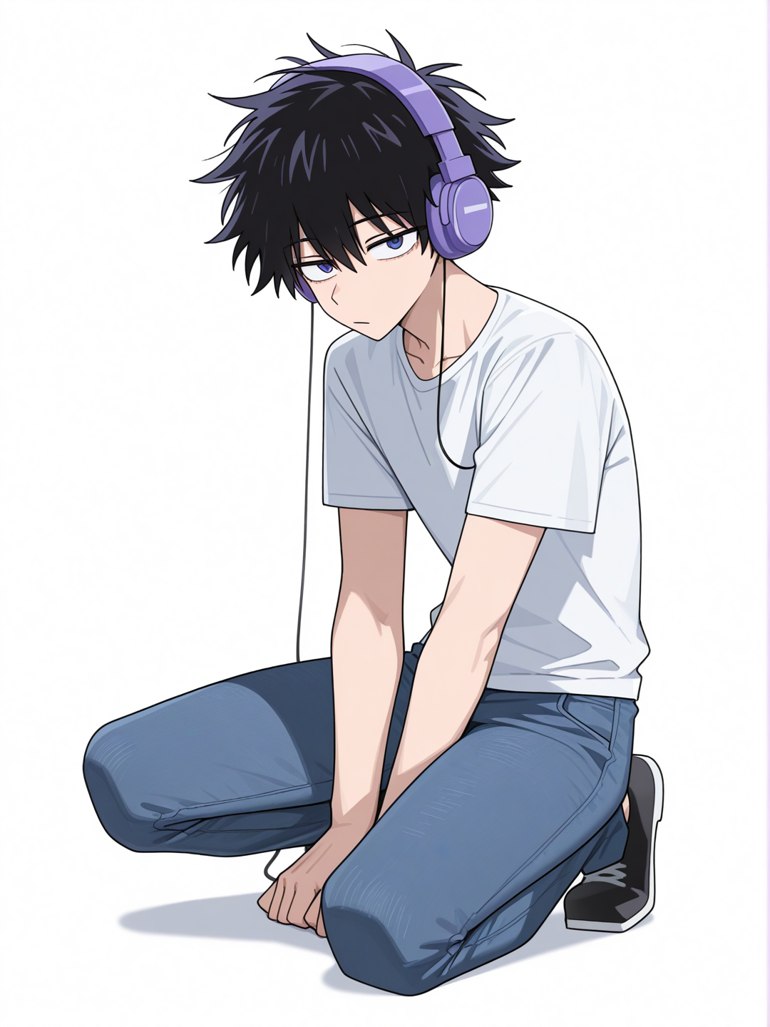 [toon-shaded-style] 1boy, black hair, 15 years old, slim, purple eyes, blue eyes, fair skin, t-shirt, jeans, headphones, my hero academia style, jujutsu kaisen style, anime coloring, single character, full body, looking at viewer, anime style, simple background, white background