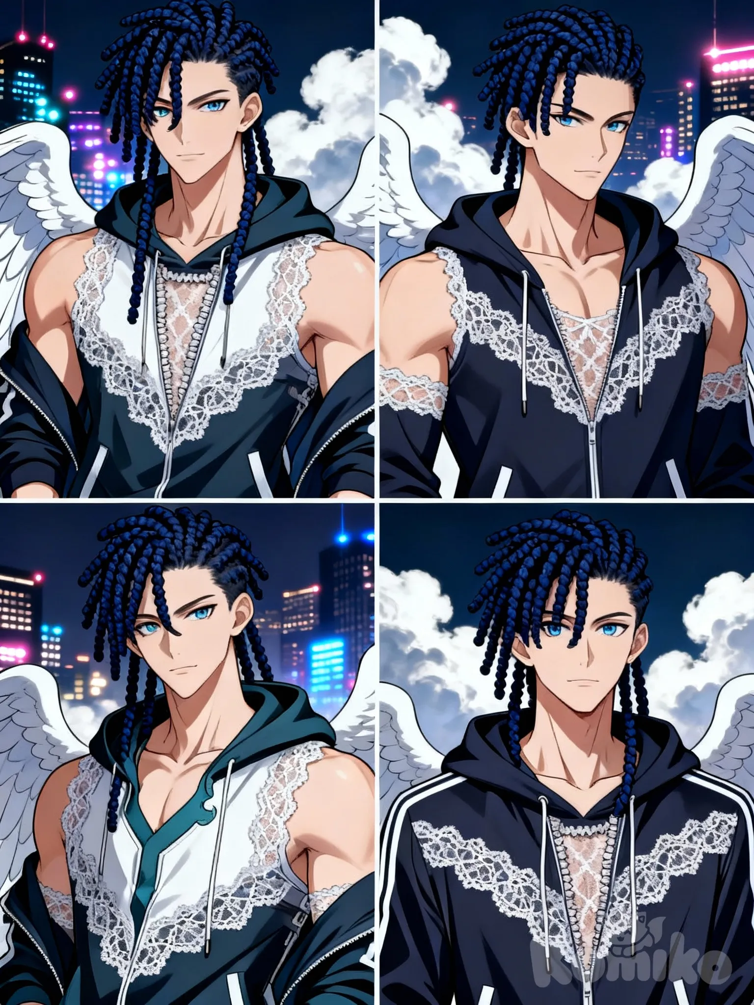 @blaihan-4C5b, @Gojou_Satoru, @Neuvillette_(Genshin_Impact), @Dan_Heng_(Honkai:Star_Rail), [muscular-manhwa-style], hoodie, tracksuit, lace, angle wings, dreadlocks, navy blue, city lights, cloud