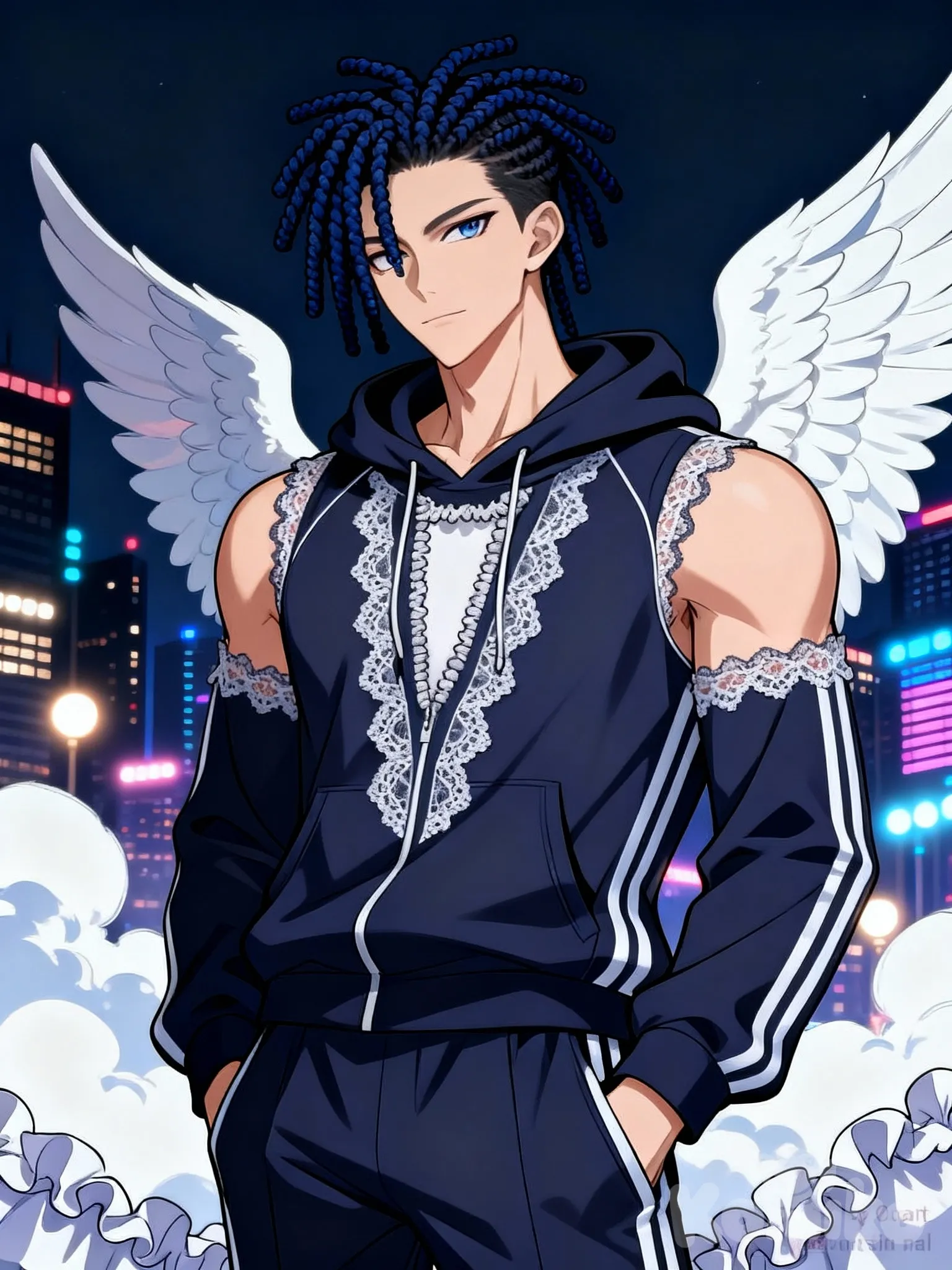 @blaihan-4C5b, @Gojou_Satoru, @Neuvillette_(Genshin_Impact), @Dan_Heng_(Honkai:Star_Rail), [muscular-manhwa-style], hoodie, tracksuit, lace, angle wings, dreadlocks, navy blue, city lights, cloud, ruffles