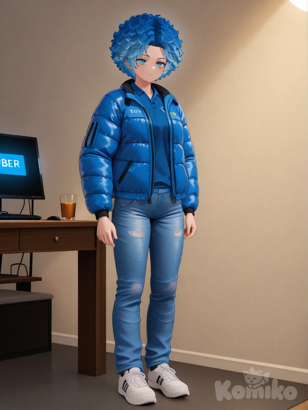 afro an blue colored hair, [3d-anime-style], polo shirt, jeans, down jacket