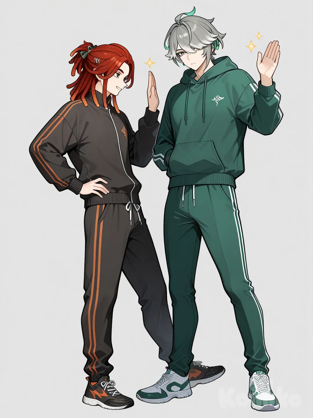 2boys, hoodie, pants, track, tracksuit, hair accessory, dreadlocks, white and red colored hair, full body, high five, Alhaitham (Genshin Impact)