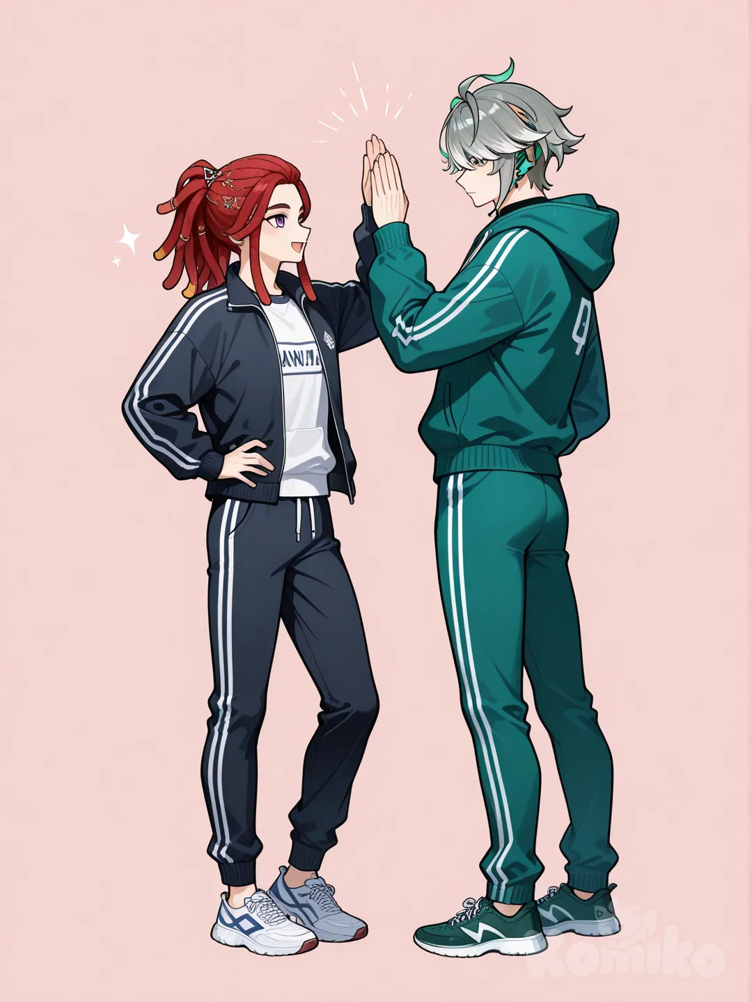 2boys, hoodie, pants, track, tracksuit, hair accessory, dreadlocks, white and red colored hair, full body, high five, Alhaitham (Genshin Impact)