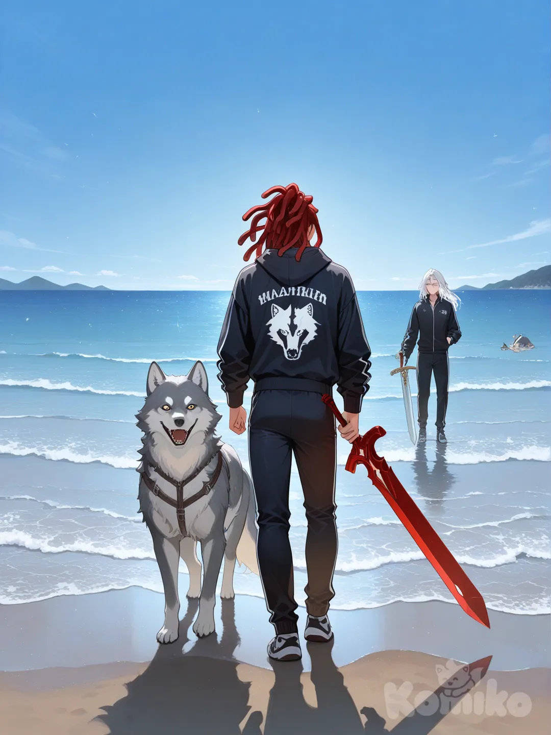 2boys, hoodie, tracksuit, dreadlocks, white and red colored hair, full body, day, blue sky, ocean, they held large swords red and white, had two big wolves at their side