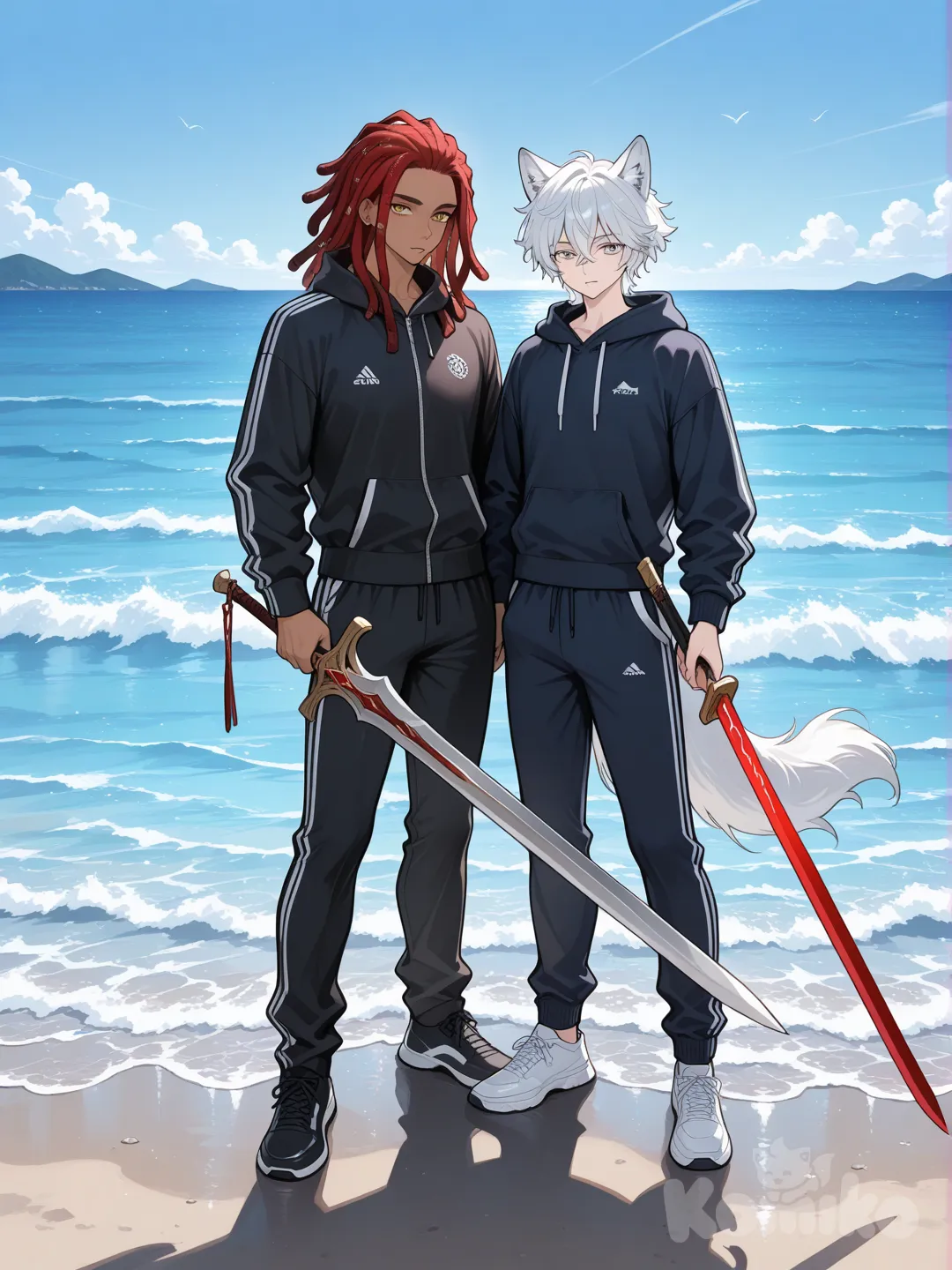 2boys, hoodie, tracksuit, dreadlocks, white and red colored hair, full body, day, blue sky, ocean, they held large swords red and white, had two big wolves at their side