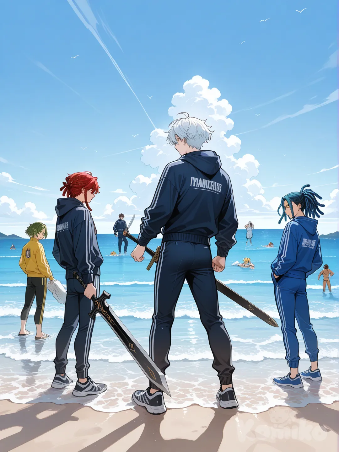 5boys, hoodie, tracksuit, dreadlocks, white, red, yellow, green and blue colored hair, full body, day, blue sky, ocean, they held large swords, had five big wolves at their sside