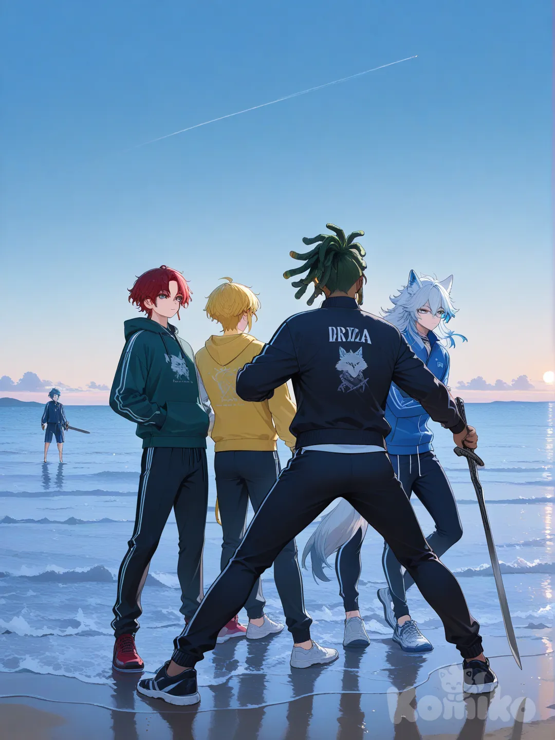 5boys, hoodie, tracksuit, dreadlocks, white, red, yellow, green and blue colored hair, full body, day, blue sky, ocean, they held large swords, had five big wolves at their sside