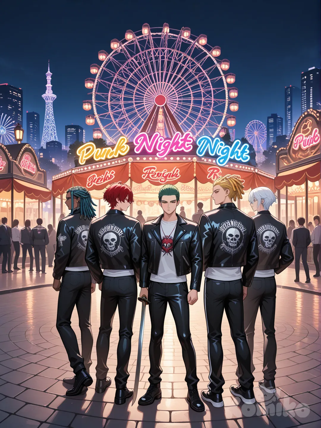 5boys, punk leather jacket, wide-leg pants, suit pants, tracksuit, slicked-back hair, dreadlocks, red blue yellow green and white colored hair, full body, neon lights, ferris wheel, holding sword, back to back, expressionless