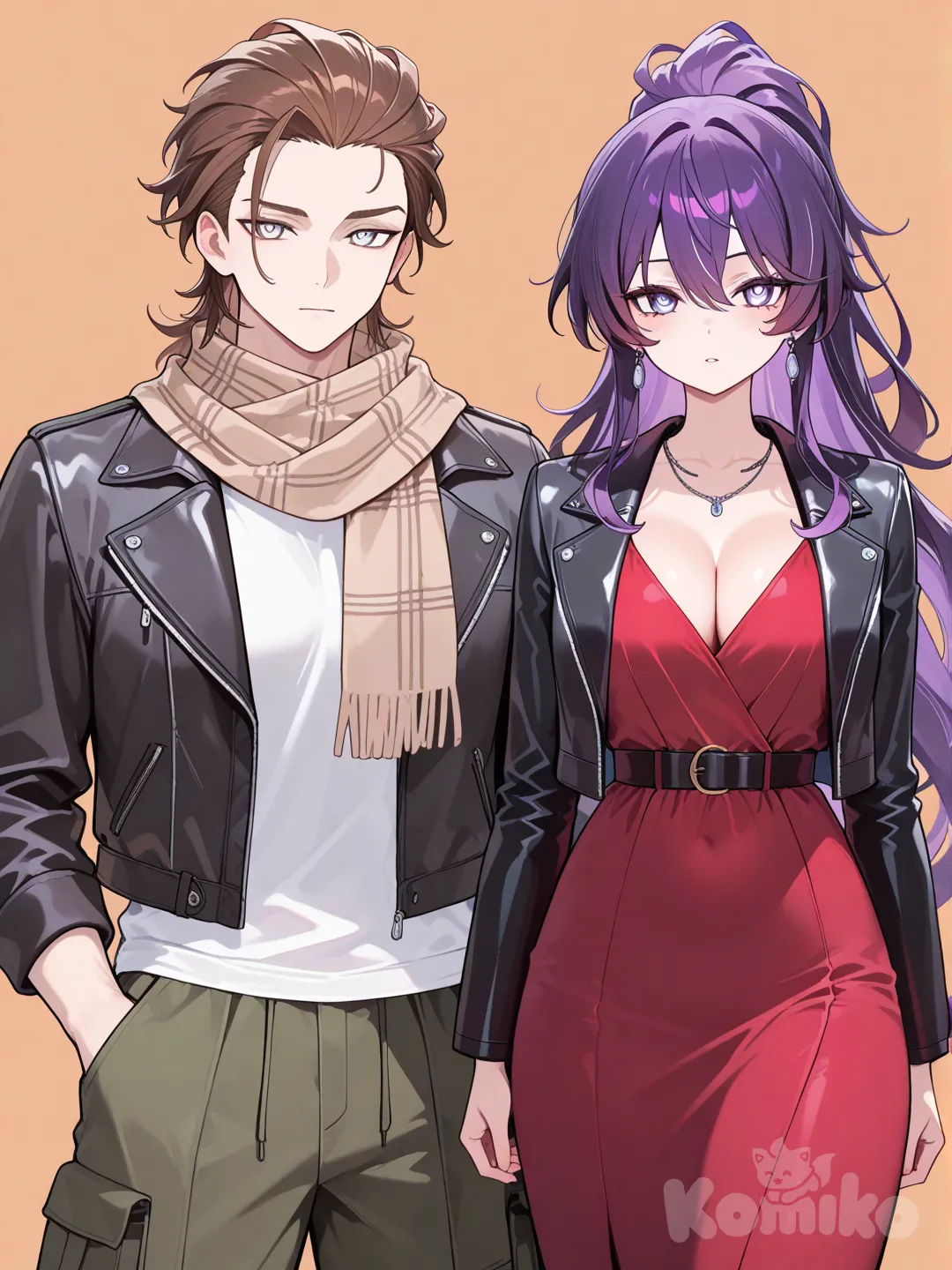 1boy, leather jacket black, t-shirt, cargo pants, necklace, slicked-back hair, cheveux bruns ebouriffe , white colored eyes and 1girl, evening dress, scarf, high ponytail, violet colored hair, violet colored eyes