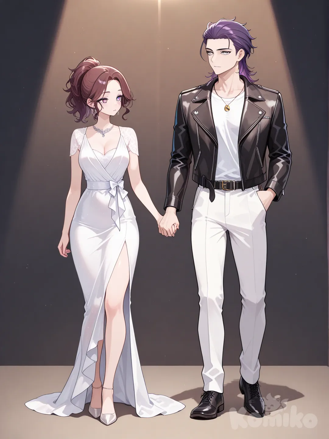 1boy, leather jacket white t-shirt, suit pants white , necklace, slicked-back hair, cheveux bruns ebouriffe , white colored eyes and 1girl, evening dress, high ponytail, violet colored hair, violet colored eyes, full body, holding hands