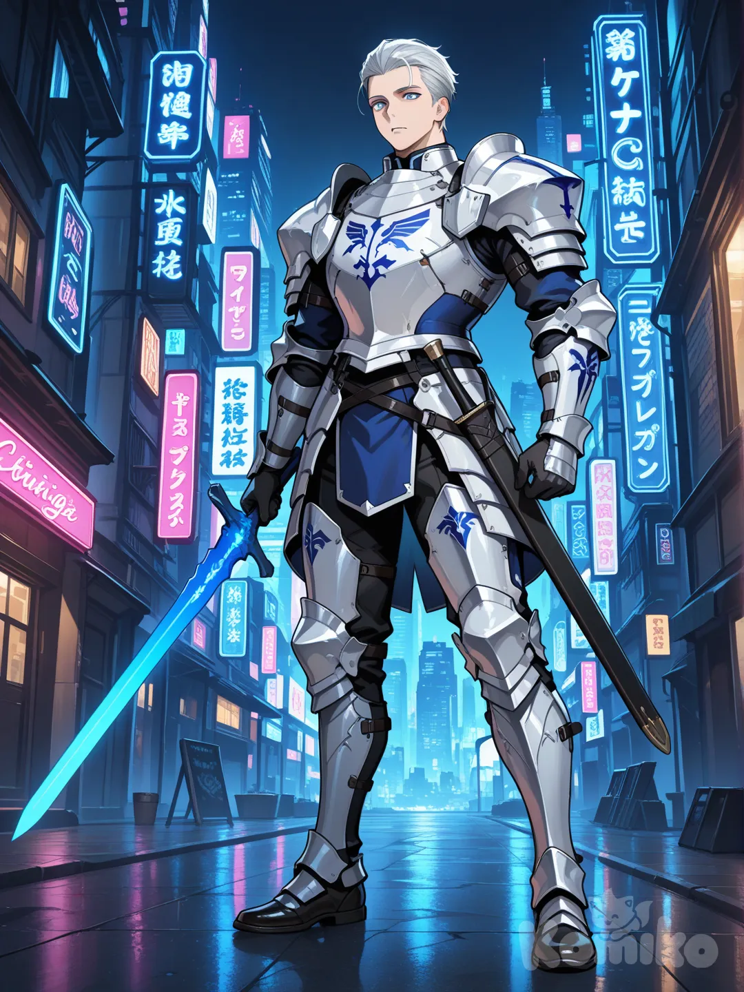 1boy, il porte une armure blanc étincelant, slicked-back hair, silver hair, blue colored eyes, full body, il est dans le néon , neon lights, holding sword