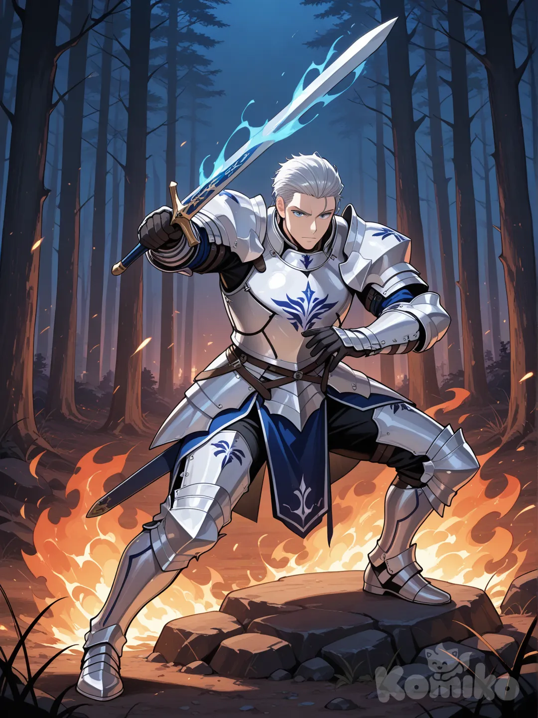 1boy, il porte une armure blanc étincelant, slicked-back hair, silver hair, blue colored eyes, full body, neon lights, holding sword, forest en feu