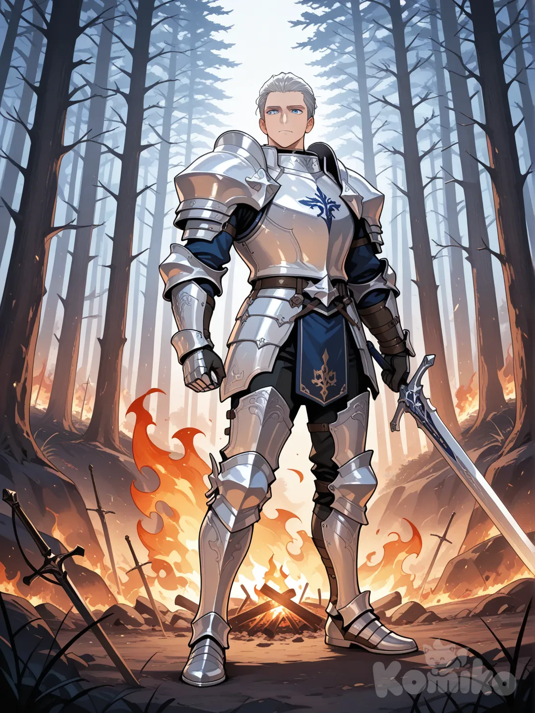 1boy, il porte une armure blanc étincelant, slicked-back hair, silver hair, blue colored eyes, full body, neon lights, holding sword, forest en feu