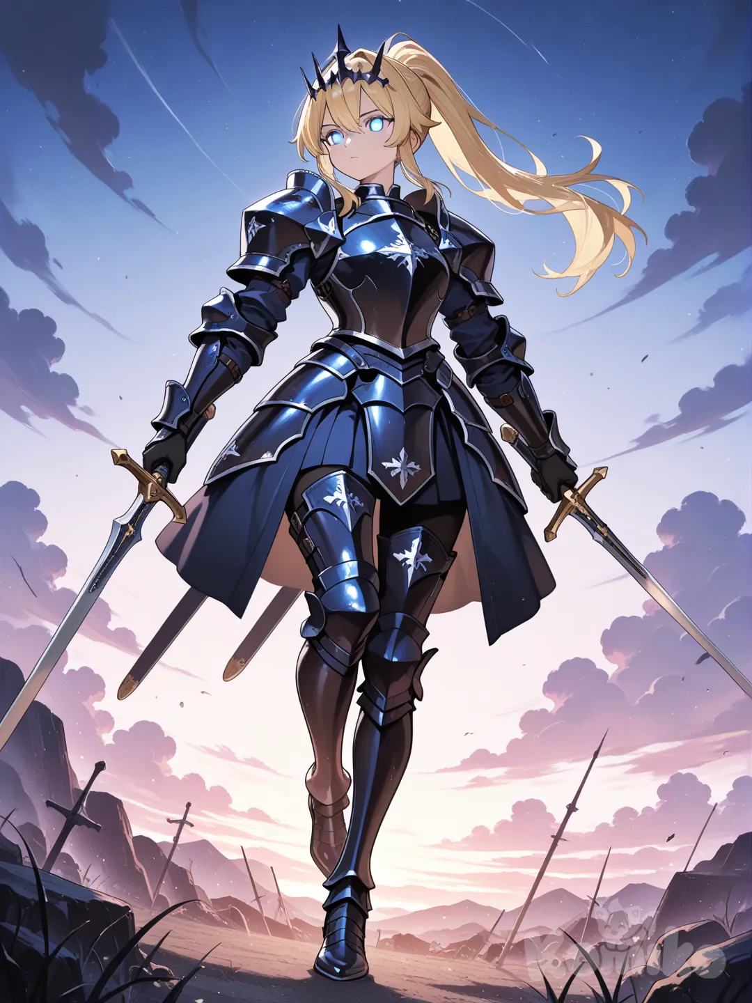 1girl, armure noire étincelant, crown d'étoile, blonde hair back, Blue electrique colored eyes, full body, day, cloud, holding 2 sword