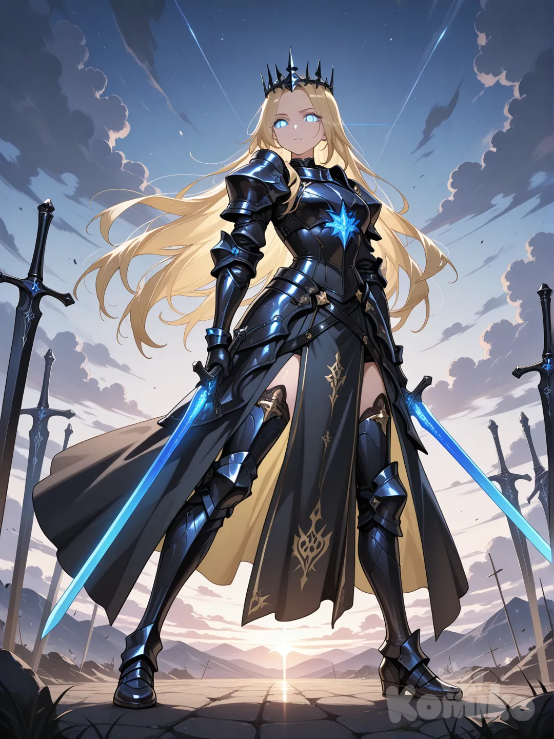 1girl, armure noire étincelant, crown d'étoile, blonde hair back, Blue electrique colored eyes, full body, day, cloud, holding 2 sword