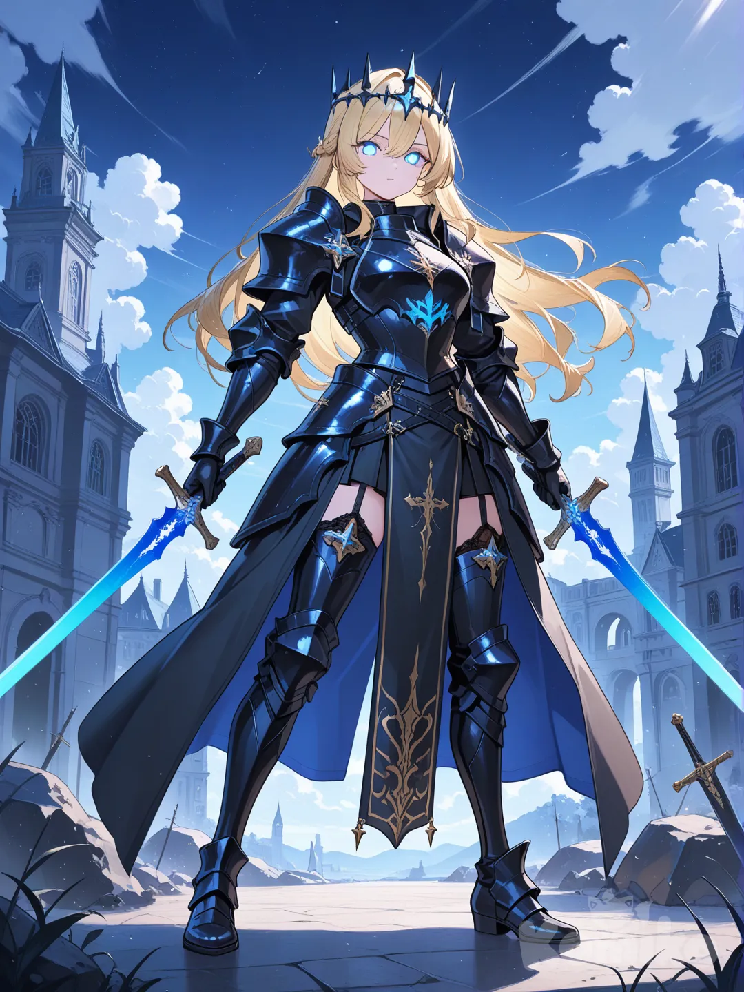 1girl, armure noire étincelant, crown d'étoile, black blonde hair , Blue electrique colored eyes, full body, day, cloud, holding 2 sword