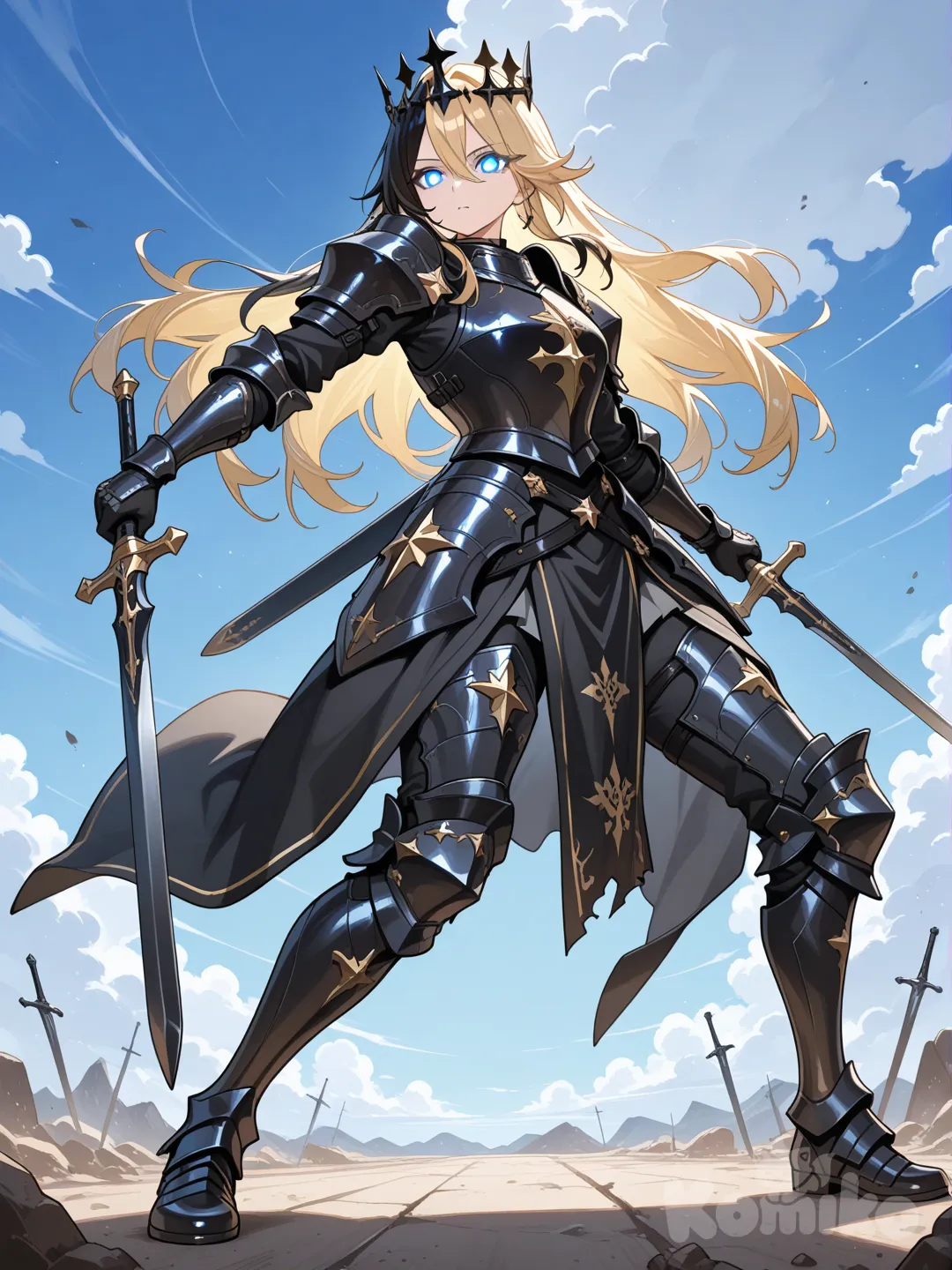 1girl, armure noire étincelant, crown d'étoile, black blonde hair , Blue electrique colored eyes, full body, day, cloud, holding 2 sword