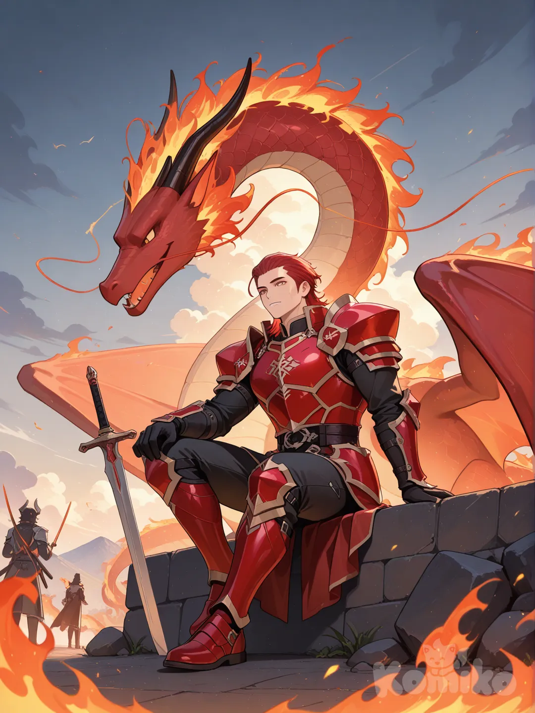 1boy, armure rouge écarlate, slicked-back hair, red hair, full body, day, cloud, holding 2 sword, sitting on the ground, il est à côté d'un grand dragon rouge écarlate de feu