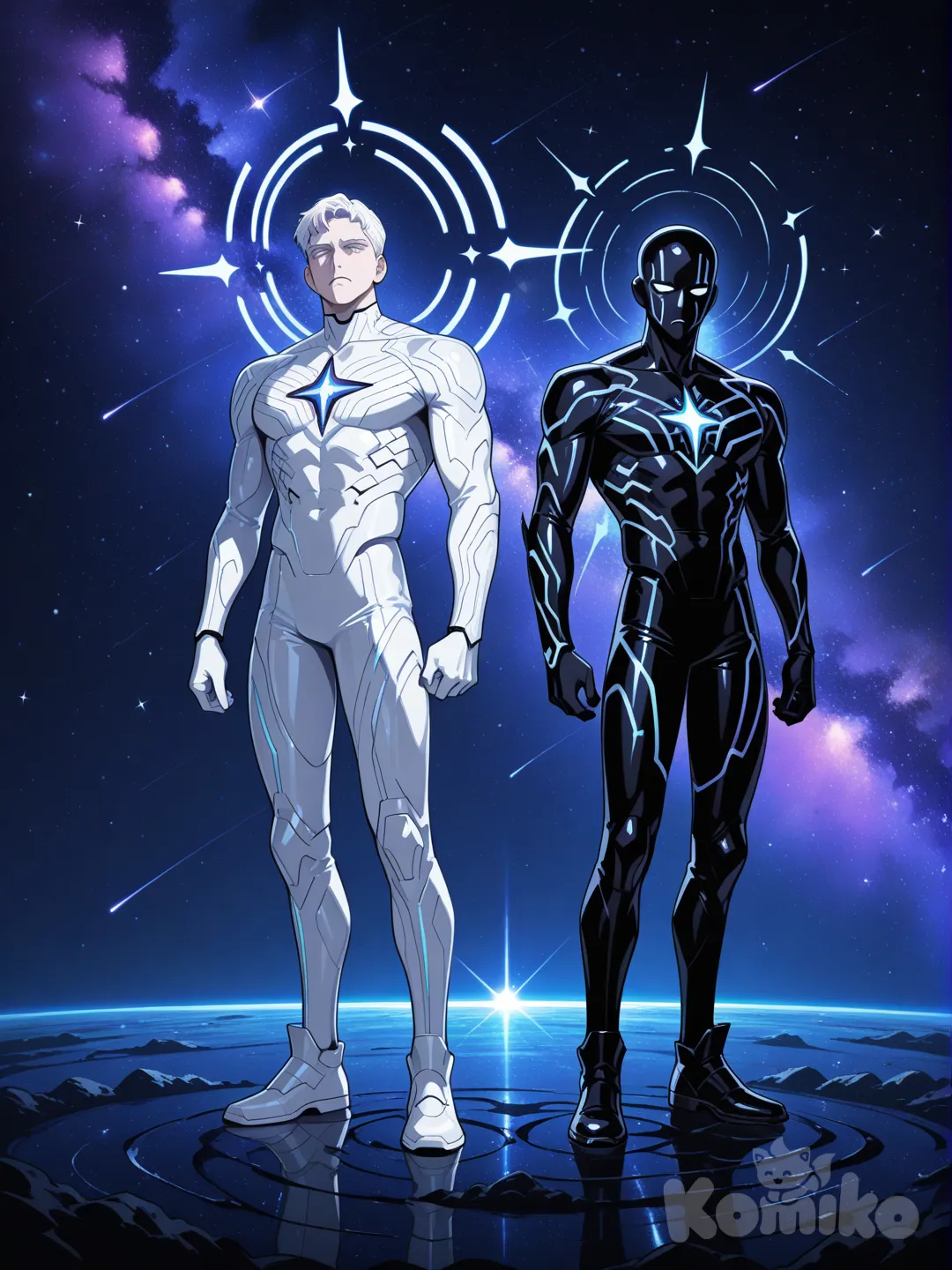 2dieux un de la création vêtu de blanc néon et l'autre de la destruction vêtu de noir néon , disappointed, full body, neon lights, dans l'espace ils regarde les dimension