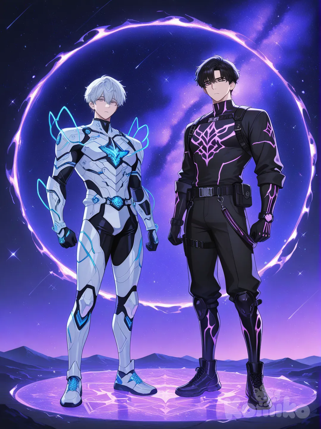 2dieux un de la création vêtu de blanc néon et l'autre de la destruction vêtu de noir néon , disappointed, full body, neon lights, dans l'espace ils regarde les dimension